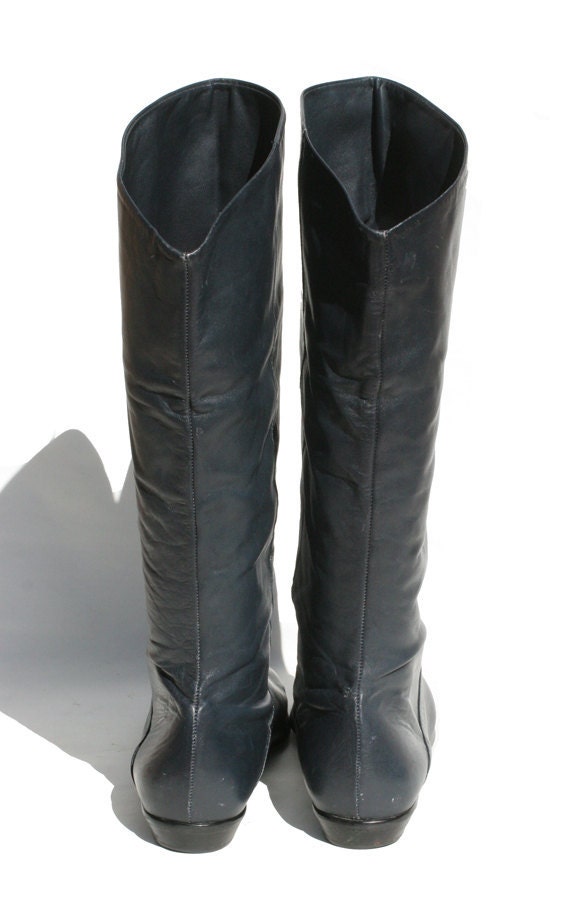 navy blue leather wide calf boots