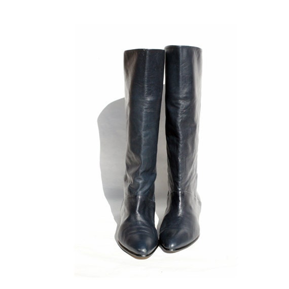 navy blue leather wide calf boots