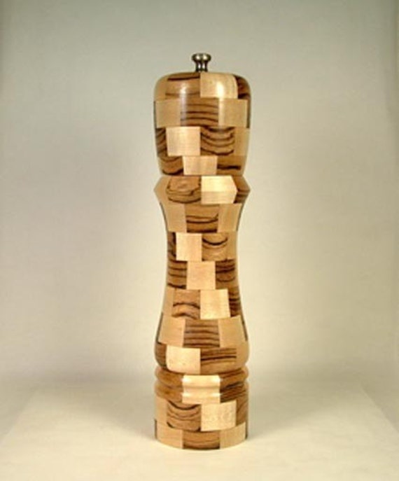 Segmented Zebrawood/Curly Maple Lathe Turned Pepper Mill