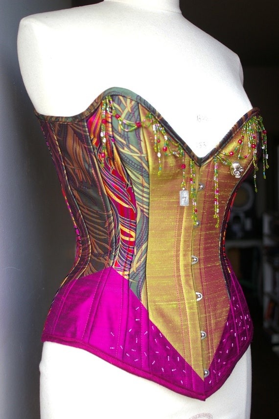 Overbust Corset Magenta and Chartreuse Beading by ExRez