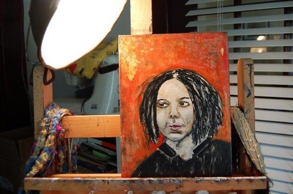 Original Acrylic Portrait Painting - Musician Jack White singer songwriter face orange The White Stripes The Dead Weather