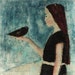 Girl and black bird mixed media print on chipboard sealed in beeswax 4x4 she was the only one