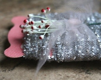 Holiday Silver Tinsel Trim - Christmas Gift Wrap Packaging String - 12 Feet Narrow 1/8 Inch Wide Sparkling Trim Tag