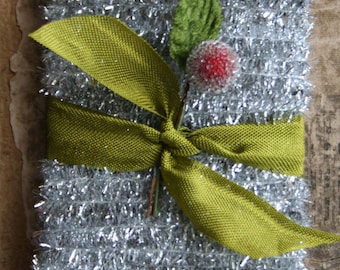 Holiday Silver Tinsel Trim - Christmas Tinsel String Card - Package Gift Wrap Supply - 12 feet Tinsel Trim - 12'