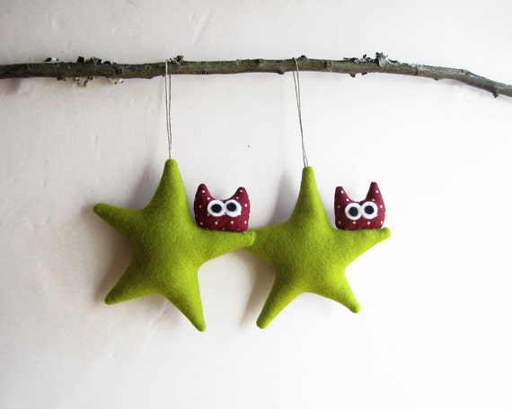 christmas ornament two green stars with owl felt decoration christmas ornament two green stars with owl felt decoration