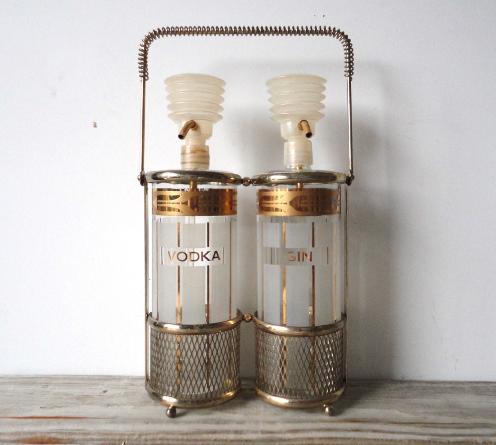 Mid Century Vodka & Gin Pump Decanters and Caddy