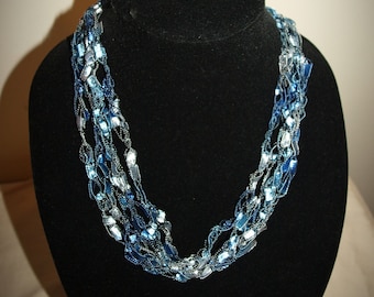 Adjustable Blue Ocean Ladder trellis ribbon necklace