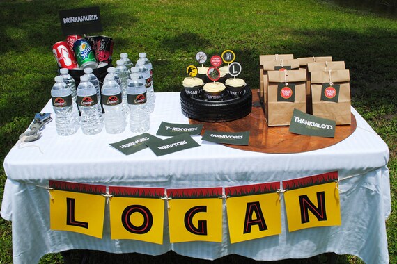 Pick 5 Dinosaur Party Decoration Printable Package with Dark Green and Dinosaur Silhouette - Digital Files, Personalized, Printable