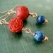 Poppy Red Cinnabar Earrings Long Dangles Carved Roses, Turquoise Blue Beads, Copper