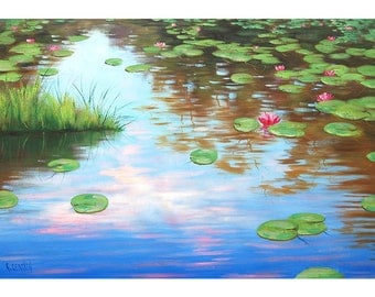 ORIGINAL OIL PAINTING Large Lily Pond impressionist painting Fine Art by G.Gercken Award winning Artist