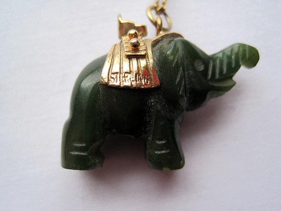 Vintage Elephant Pendant Carved Jade and Gold