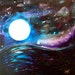 Full Moon on a Dark Sea - watercolor and glow in the dark paint on canvas - original painting