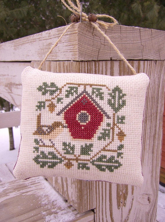 Cross Stitch Ornament/Door Hanger Wren & Bird House Home Decor