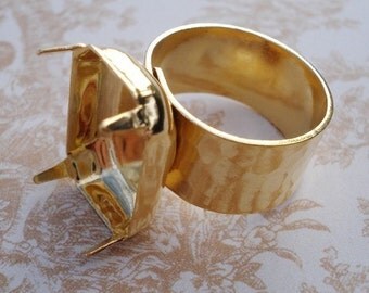 Gold Adjustable Ring 10mm Hammered Band with 18x13mm Octagon Setting For Jewels or Cabs (1 piece)