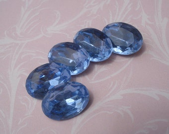Vintage 18x13mm Light Sapphire Blue Gold Foiled Pointed Back Faceted Oval Glass Jewels or Cabs (2 pieces)