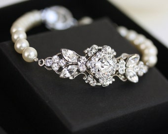Pearl Bracelet Wedding Jewelry Pearl Bridal Bracelet Swarovski Crystal Bracelet Vintage style Art Deco Bridal Jewelry KATRINA PEARL