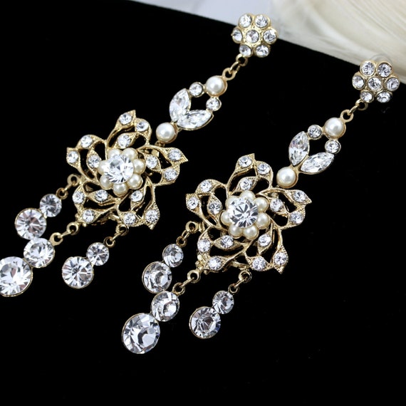 Pearl Earrings, Swarovski Crystal Gold Chandelier  vintage Vintage Flowers, gold chandelier earrings and