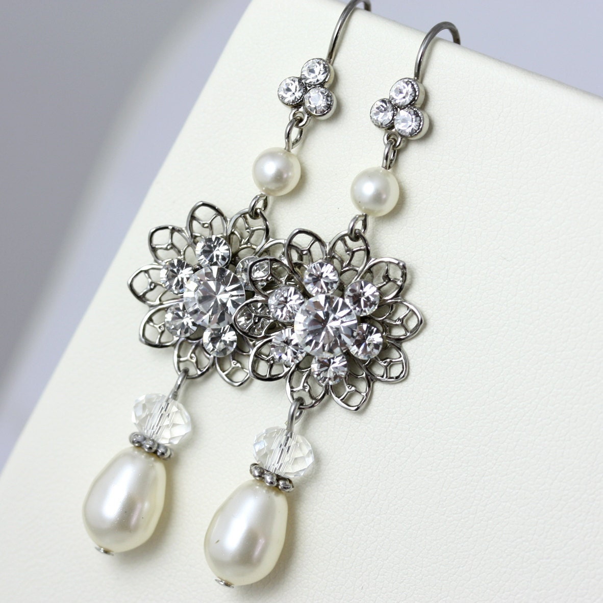 Long Rhinestone and Ivory Pearl Earrings ANISE