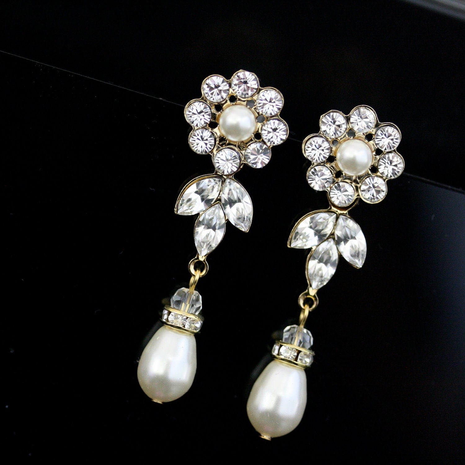 Gold Wedding Earrings Pearl Drop Vintage Bridal By Lulusplendor