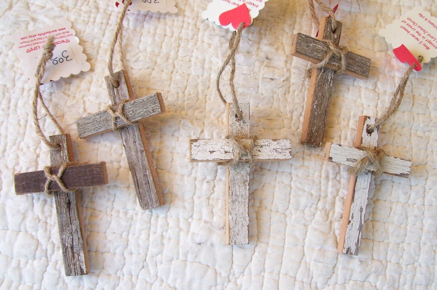 Set of Five Rustic Vintage Recycled Wood Cross Ornaments 3