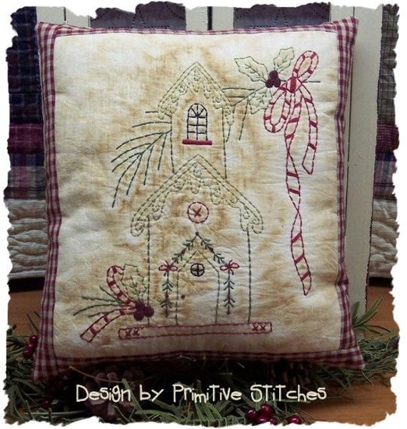 Birdhouse Christmas-Primitive Stitchery E-PATTERN by