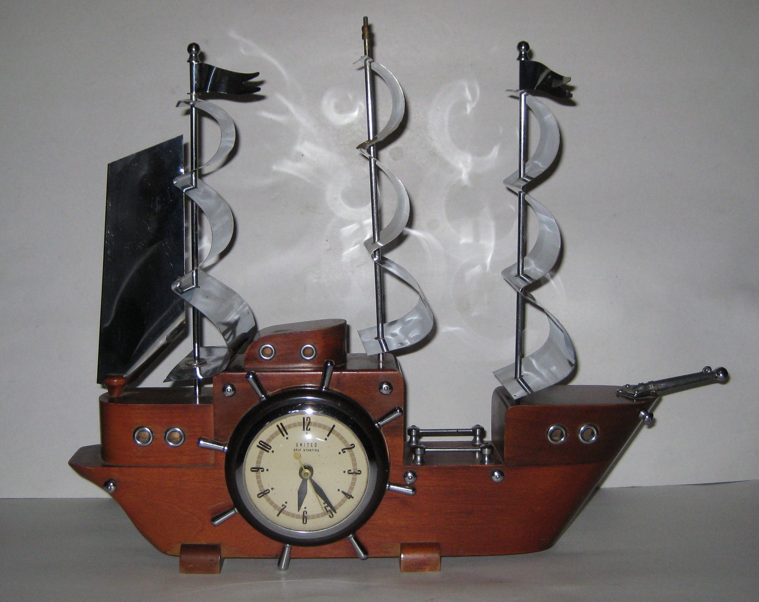 Vintage United Clock Co. Wooden Ship Mantle Clock with Chrome