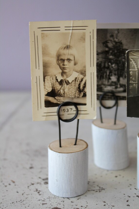 handmade. cut wood. wooden and wire photo holders.