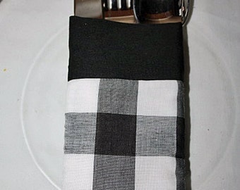 Utensil Silverware Pouch Holder Reusable Black White Checker Gingham Fabric