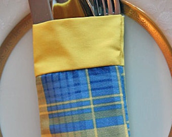 Utensil Silverware Holder Pouch Blue Yellow Plaid Fabric