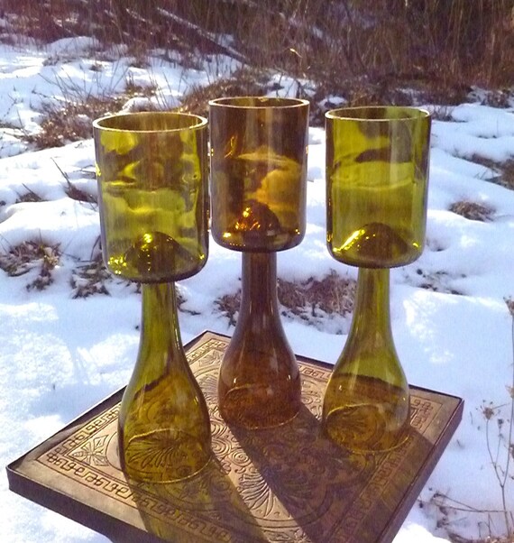 Items similar to Upcycled Wine Bottle Votive Holders. Set Of Three. Olive Green and Chocolate