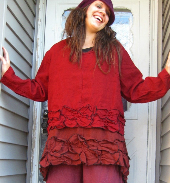 Red Linen Crop Petal Shirt L