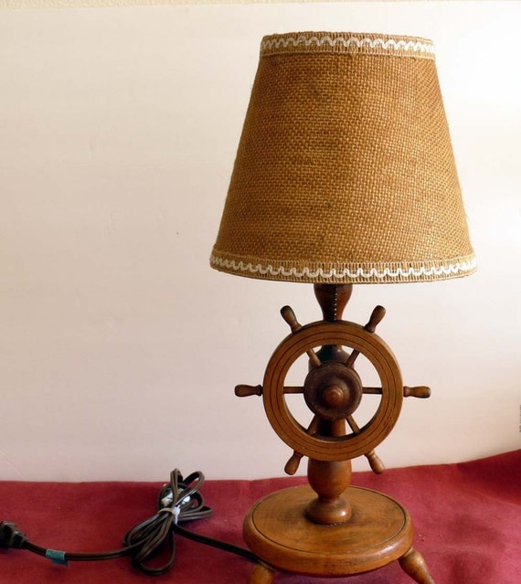 Vintage Maple Wooden Ships Wheel Lamp with Shade