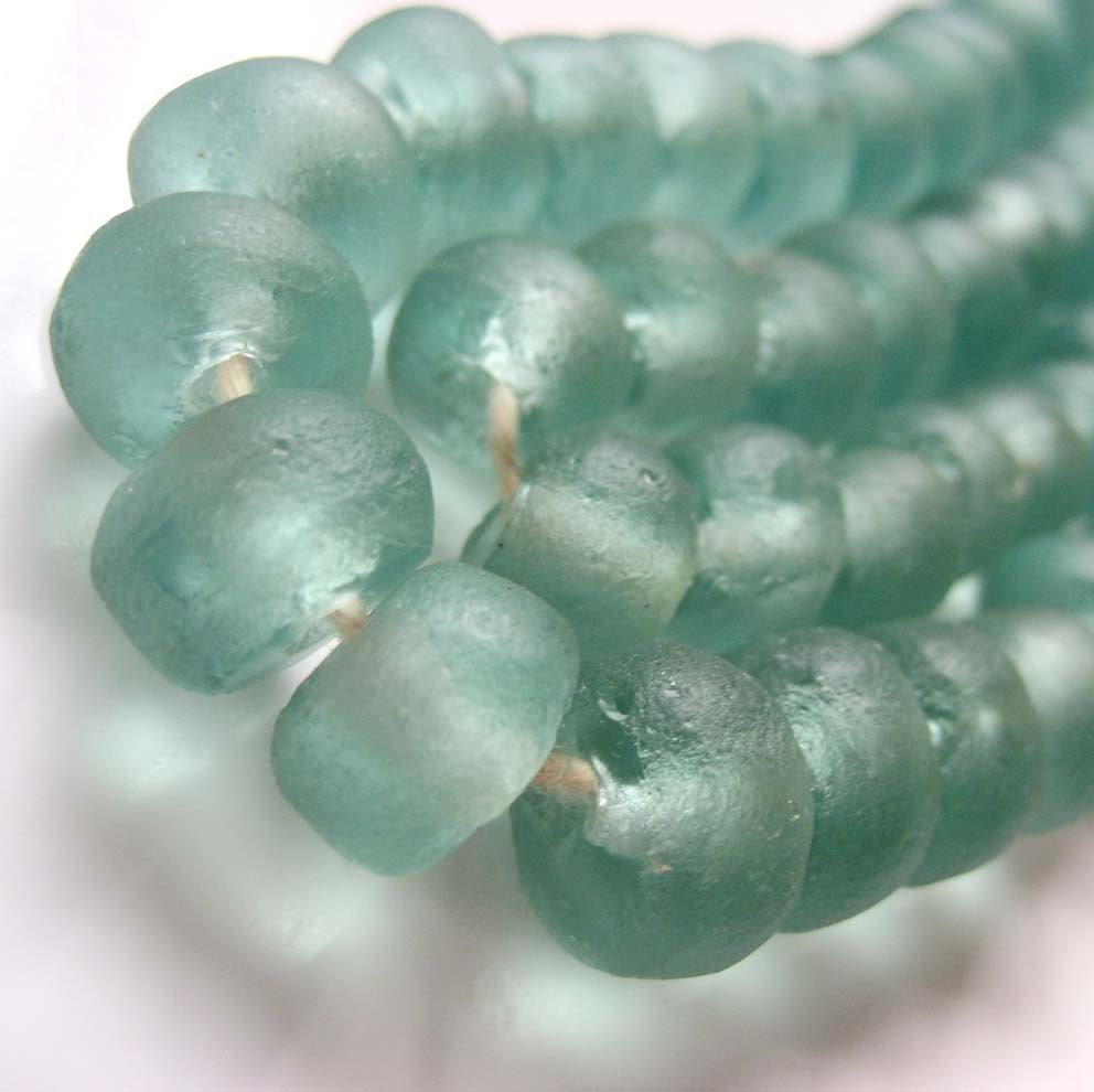 Recycled glass beads rondelle raw sea green aqua 16 pcs