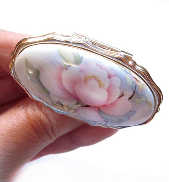 Vintage Lipstick Holder / Mirror Compact Ceramic Porcelain