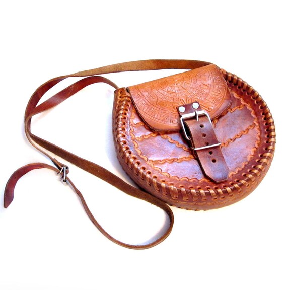 Vintage Tooled Leather Handbag Mexican Purse Pouch Satchel