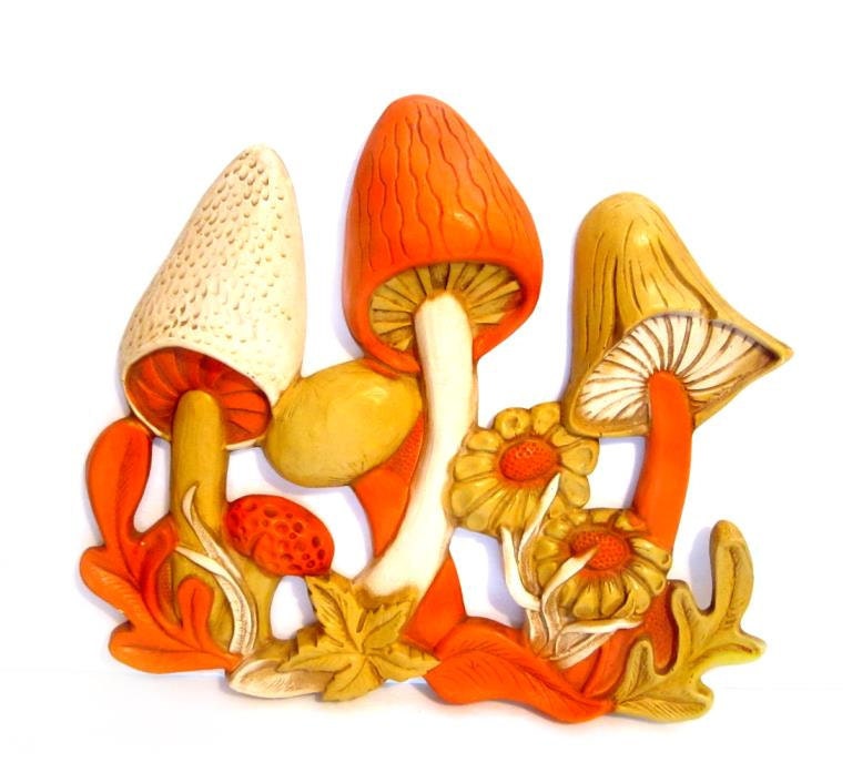 Vintage Mushroom Art 1970's Orange Yellow Psychedelic