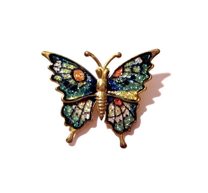 Vintage Butterfly Pin Gold Metal Enamel Brooch by VintagePennyLane