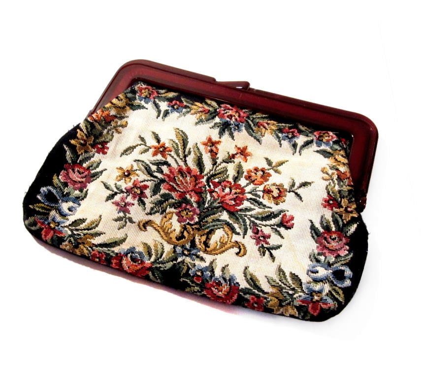 Vintage Needlepoint Purse Floral Tapestry Clutch Handbag