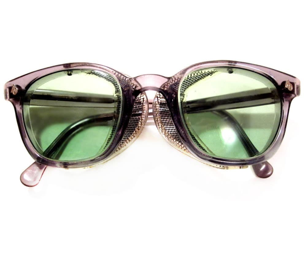 Vintage Eyeglasses / 1950s Green Tinted Safety Horn Rimmed