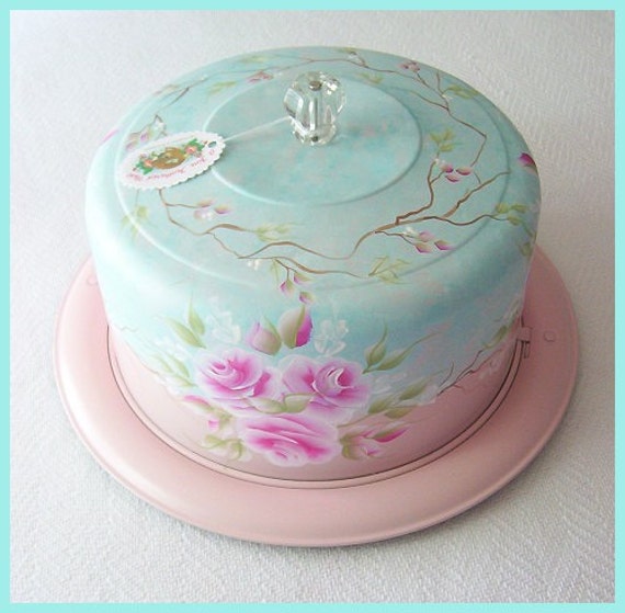 Vintage Cake Carrier Hand Painted Roses Cottage Sweet