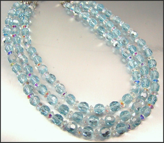 Vintage 3 Strand Blue AB Crystal Beaded Necklace