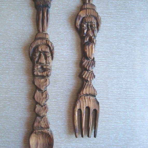 Large Vintage Carved Wood Fork and Spoon Wall Hangings