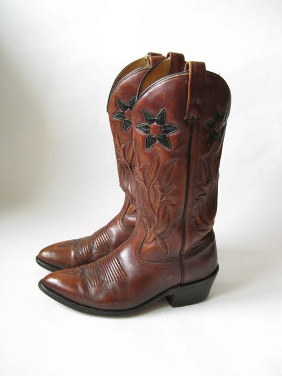 VINTAGE 80s Brown Leather Fancy COWBOY BOOTS. Size 9 1/2