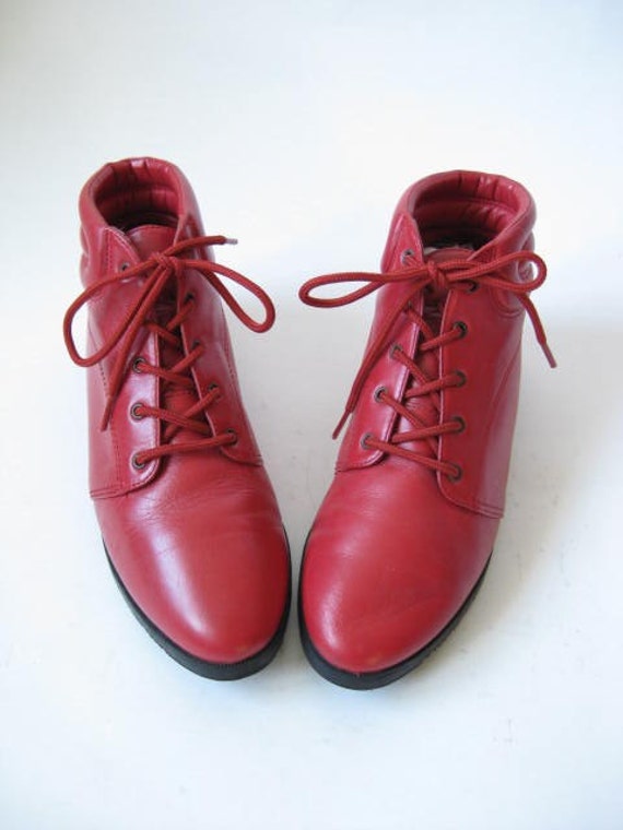 VINTAGE 80s Red Leather Lace Up Flat ANKLE by TimeBombVintage