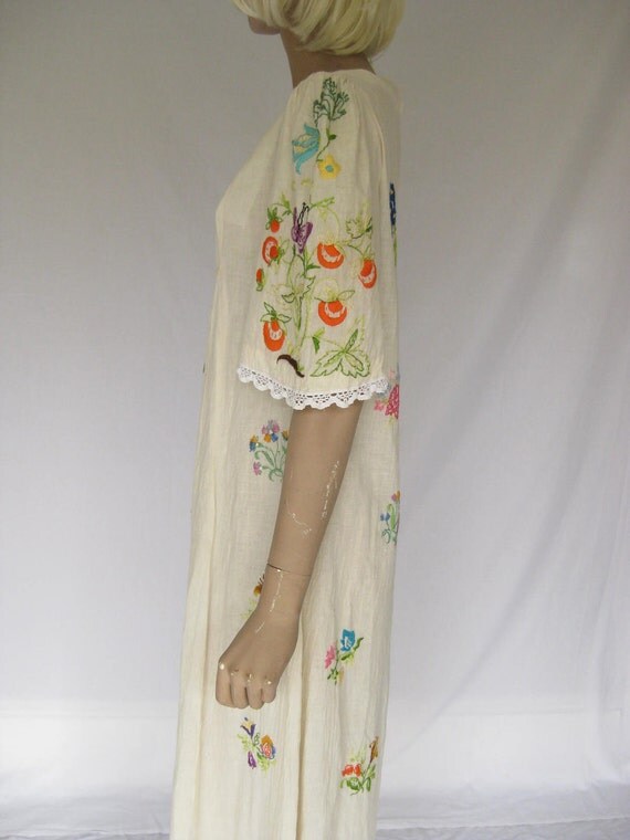 Vintage 70s Gauze Embroidered Hippie Maxi Dress