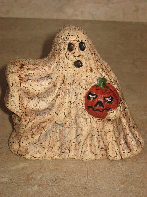 Paper mache Textured Halloween Ghost w/Pumpkin