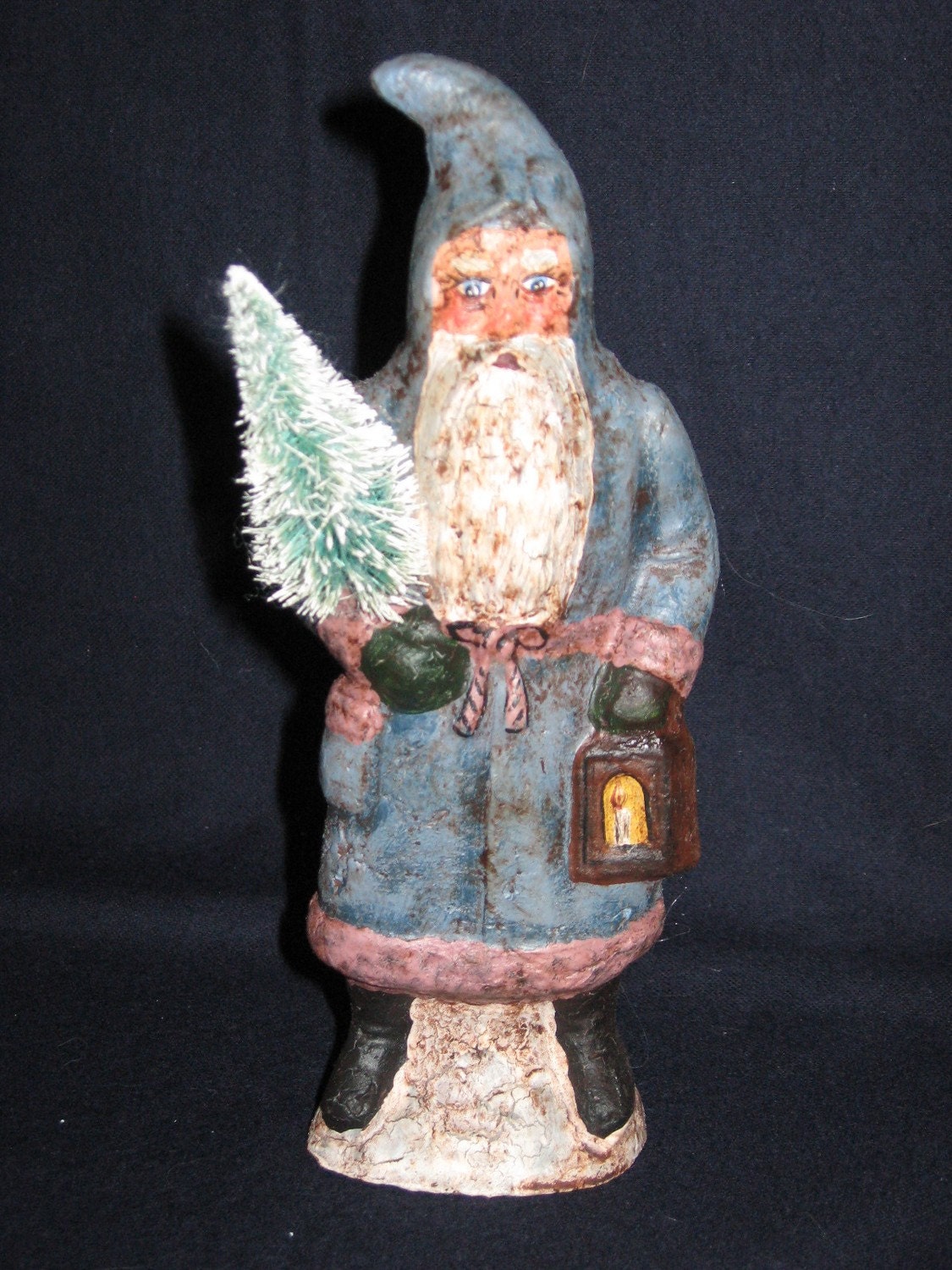 Paper mache Blue Santa w/Lantern