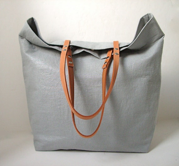 Tote Bag Beach Bag Metallic Linen and Leather On Sale