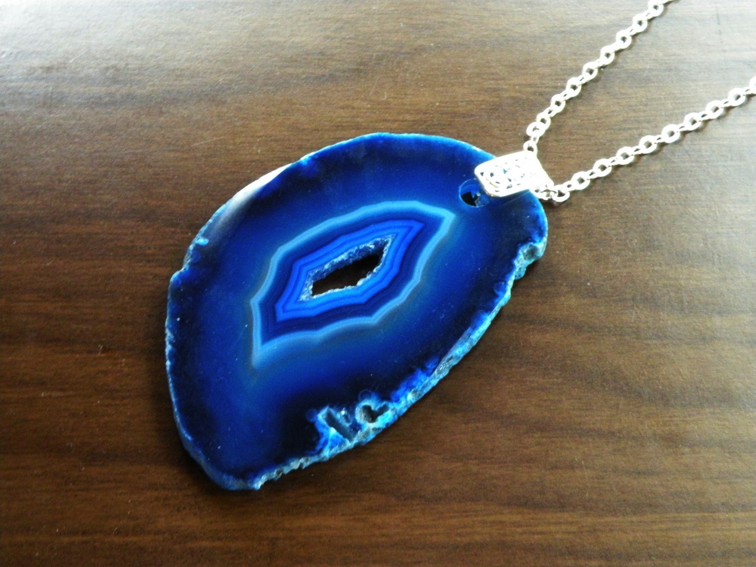 Dark Blue Agate Pendant Necklace with Druzy and 36 Chain