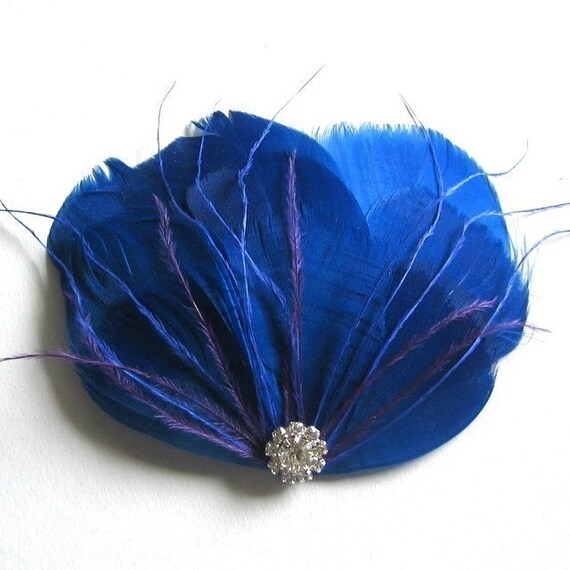 Items similar to Blue Hair Clip Fascinator Feather Rhinestones on Etsy